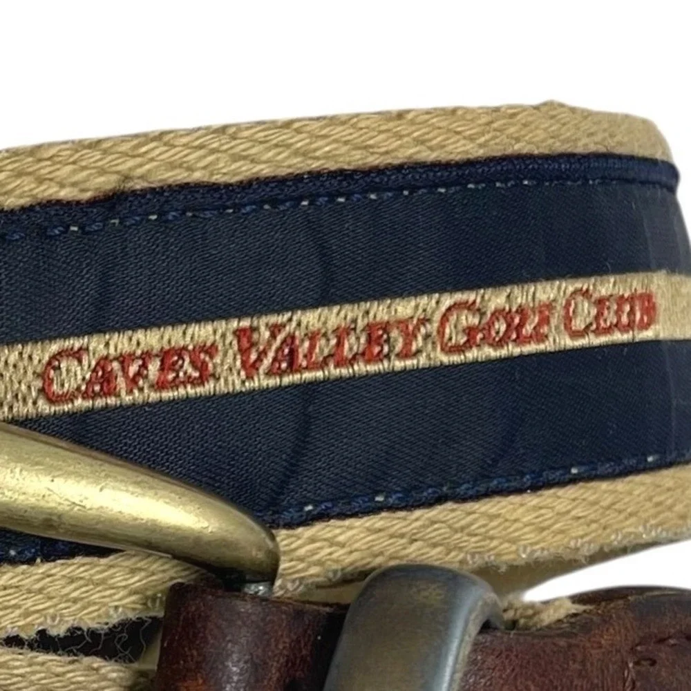 Vintage YRI Men's Golf‎ Belt 42/105 Caves MD 2002 US Senior Open Design Tan Navy